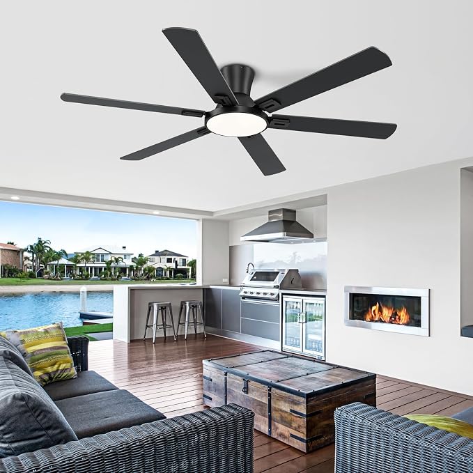 60 Inch Black Ceiling Fans with Lights and Remote, Flush Mount Low Profile 6 Blades Ceiling Fan, Quiet Reversible DC Motor for Living Room, Bedroom and Patio