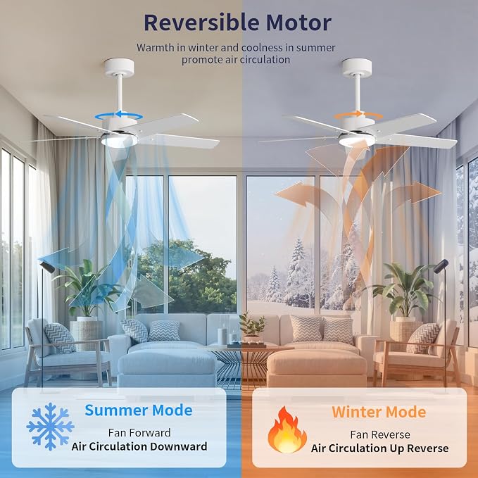 42 Inch Ceiling Fans with Lights and Remote for Bedroom Living Room Kitchen Home Office Indoor/Outdoor, 6CCT Dimmable, Dual Color 5 Blades, 6 Speed Reversible Quiet DC Motor, White/Wood Grain