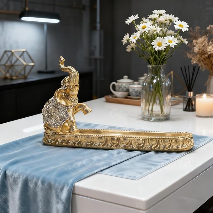 Decorative Gold Elephant Incense Holder Tray, Ornate Design with Trunk Up Figurine, Home Decor Accent Piece