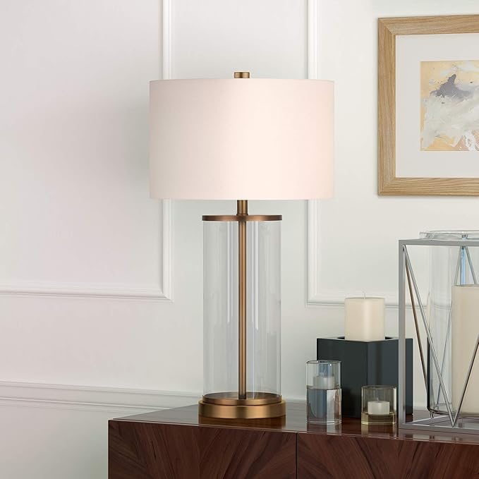 Henn&Hart 28" Tall Table Lamp with Fabric Shade in Antique Brass/White, Lamp, Desk Lamp for Home or Office