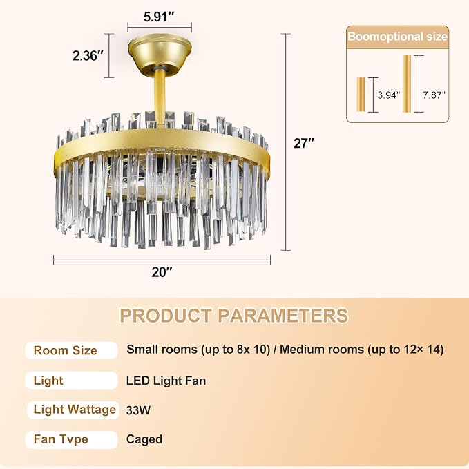 Depuley Modern Ceiling Fan with Lights: 20" Gold Chandelier Cagd Fan with Remote Control - Crystal Fandelier for Girl's Bedroom Living Room Nursery