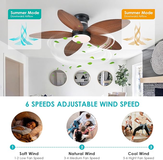 Surtime 46" Ceiling Fans with RGB Lights - Flush Mount Ceiling Fan Light with LED 3CCT Dimmable, Tropical Palm Leaf Ceiling Fans for Indoor Party,Covered Outdoor （Brown）