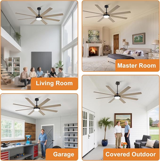 Large Ceiling Fan with Light: 72 Inch Indoor/Outdoor Fan Reversible DC Motor 6 Speed - Dual 8 Blades Big Ceiling Fans with Lights Dimmable 3CCT for Living Room Covered Patio, Wooden