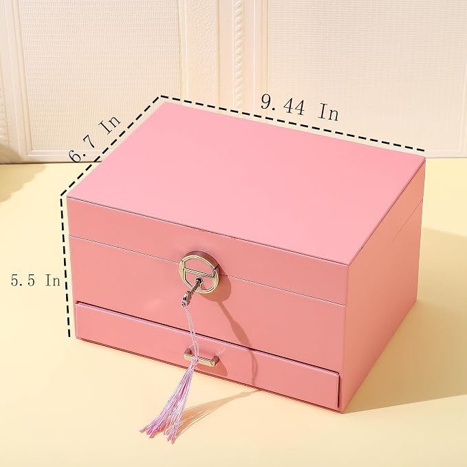 BOOVO Large Jewelry Boxes For Women (Pink) | 5 Layers Jewelry Organizer Box With Cosmetic Storage Drawer, Necklace Ring Jewelry Organizer Box
