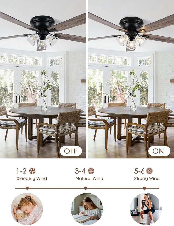 60 Inch Flush Mount Farmhouse Ceiling Fans with Lights and Remote | Reversible Blades Rustic Chandelier Fandelier with 6 Speeds, Vintage Low Profile Ceiling Fan for Living Room Bedroom Kitchen