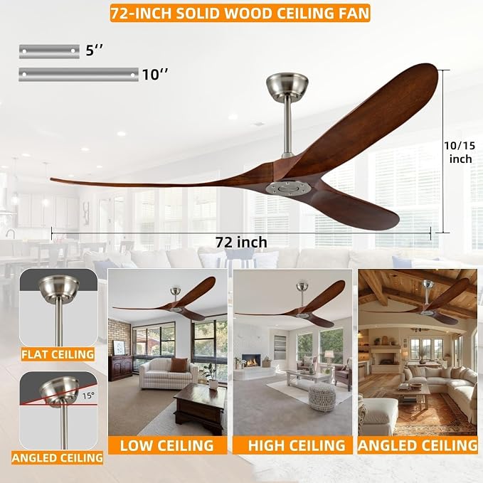 72 Inch Ceiling Fan No Light, Outdoor Patio Wooden Ceiling Fan Without Light,with Remote Control,Quiet Reversible Motor,Suitable for Living Room, Patio, Outdoor, Farmhouse(Brushed Nickel+Dark Walnut)