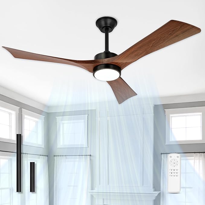 52" Ceiling Fan with Light & Remote, Walnut, ZCCF08WD-52 | Wood-grain ABS blades, remote, 6 speeds, 3CCT dimmable LED and quiet reversible DC motor for living rooms and covered patios