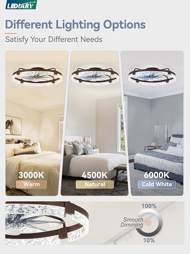 LEDIARY 2 Pack 24 Inch Low Profile Ceiling Fans with Lights and Remote, Fandelier Modern Ceiling Fan, 3000K-6000K Dimmable LED Fan Light, Brown Flush Mount Ceiling Fans with Lights for Bedroom