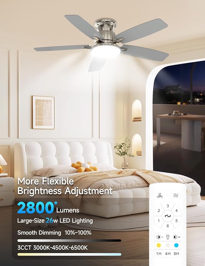 Flush Mount Ceiling Fan with Light, 42 Inch, Remote Control, 3CCT Dimmable LED, 6-Speed Silent Reversible DC Motor, Low Profile Hugger Ceiling Fan for Indoor/Outdoor 90-264V 50/60Hz Brushed Nickel