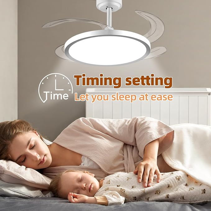 BAYSQUIRREL Slim Retractable Ceiling Fan with Lights and Remote/APP Control, 6 Speed Dimmable Reversible Memory, 42 Inch Modern Silent Smart Fan for Bedroom Living Room Dinning Room
