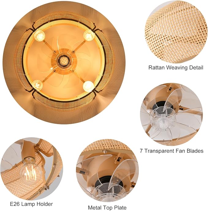 Ganeed 20.86" Boho Caged Ceiling Fan with Lights and Remote, Flush Mount Low Profile Rattan Ceiling Fans with Lights, Enclosed 6 Speeds Farmhouse Woven Ceiling Fan for Bedroom, Living Room, Kitchen