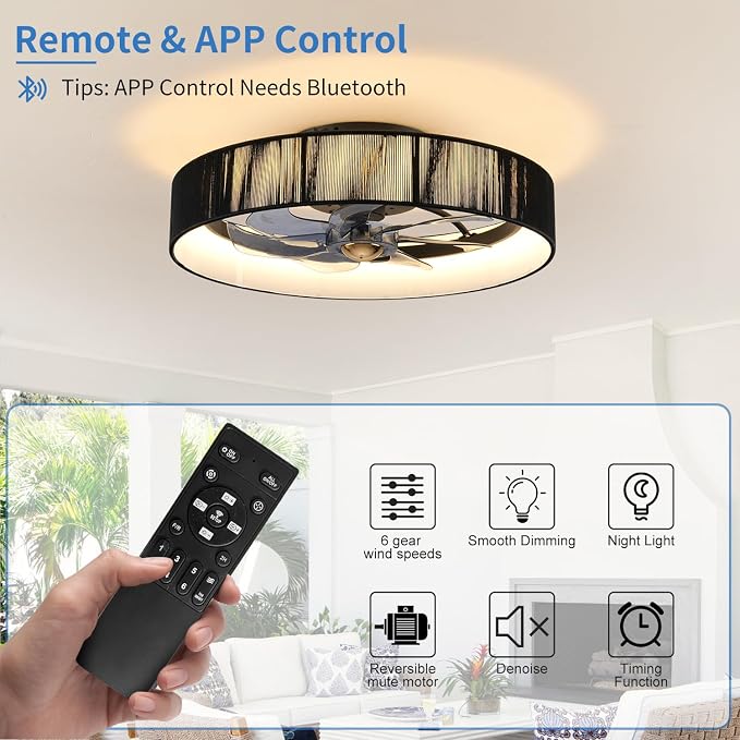 20" Flush Mount Caged Ceiling Fan with Lights, Low Profile Fandelier with Remote/App Control, 6 Speeds Dimmable LED Ceiling Fan, Fabric Farmhouse Style for Bedroom Kitchen Living Room（Black）