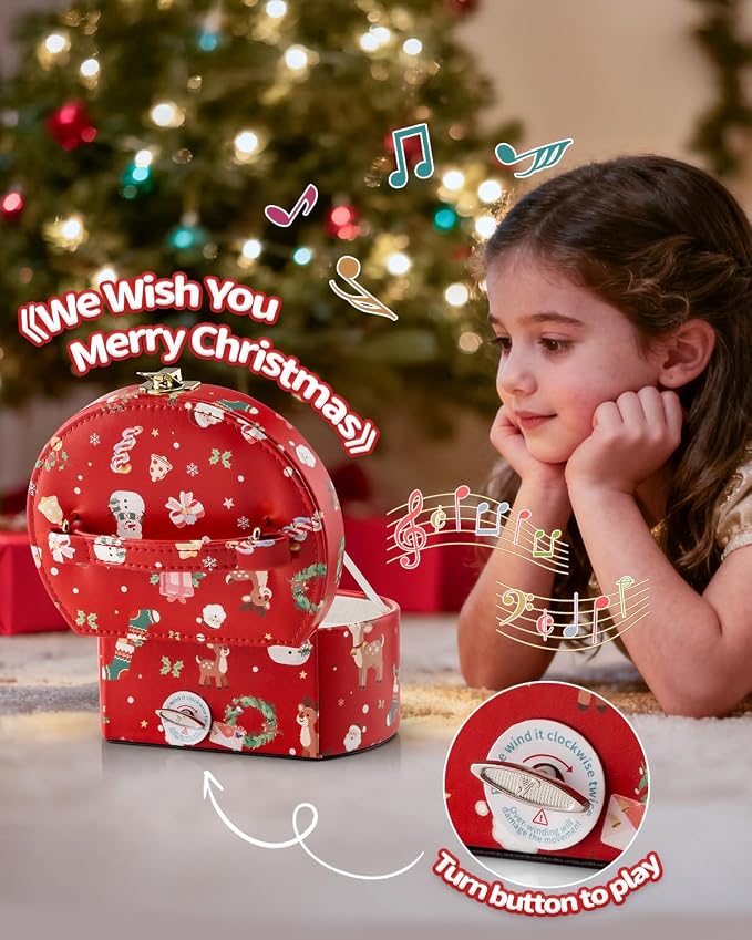 VLANDO Gifts for Girl, Musical Jewelry Box for Girls, Small Kid Music Box with Ballerina for Party Bedroom Decor, Gifts for Girls Kids - Christmas Red