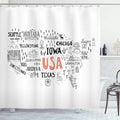 Ambesonne USA Map Shower Curtain, United States of America City Typography Pattern with Local Concept, Cloth Fabric Bathroom Decor Set with Hooks, 69" W x 75" L, Salmon White