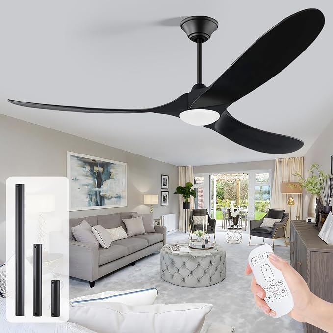 70 inch Black Outdoor Ceiling Fan with Light, Large Solid Wooden Damp Rated Ceiling Fan, DC Motor, 3CCT, Super quiet, Modern Propeller Ceiling Fan for Patios Porch Exterior Indoor