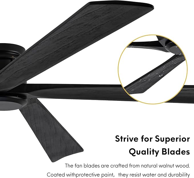 EKIZNSN 84 Inch Outdoor Low Profile Flush Mount Ceiling Fans without Lights for Patios, 110V Noiseless Reversible DC Motor, 6-Gear Speed (Black Finish with Black Blades)