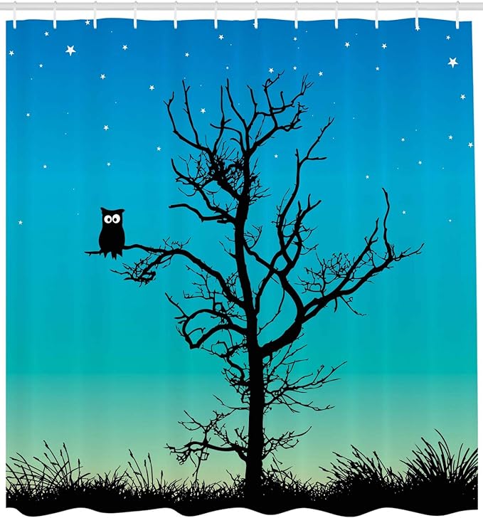 Ambesonne Owls Shower Curtain, Owl in Naked Winter Tree Under Night Sky with Stars Grass Goodnight Artwork, Cloth Fabric Bathroom Decor Set with Hooks, 69" W x 75" L, Turquoise Black
