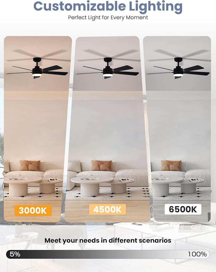 48 Inch Ceiling Fan with Lights and Remote, Downrod Mount, Sloped Ceiling Compatible up to 15°, Quiet Reversible DC Motor, 3CCT Dimmable LED, Black Ceiling Fan for Bedroom Living Room