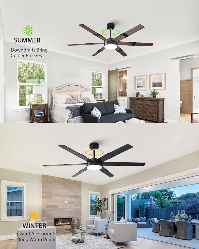 60 Inch Ceiling Fans with Lights and Remote, Modern Large Black Ceiling Fan for Indoor or Covered Outdoor, 3CCT,Reversible DC Motor Dual-Sided Blades High CFM Ceiling Fan for Living Room Garage