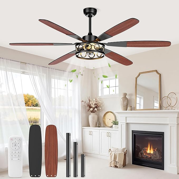 Ceiling Fans with Lights and Remote, 62'' Vintage Caged Ceiling Fan with Light, 6 Blades, 6+1 Speed, Flush Mount Ceiling Fan Whisper-quiet for Farmhouse, Living Room, Kitchen and Porch (62 Inch)