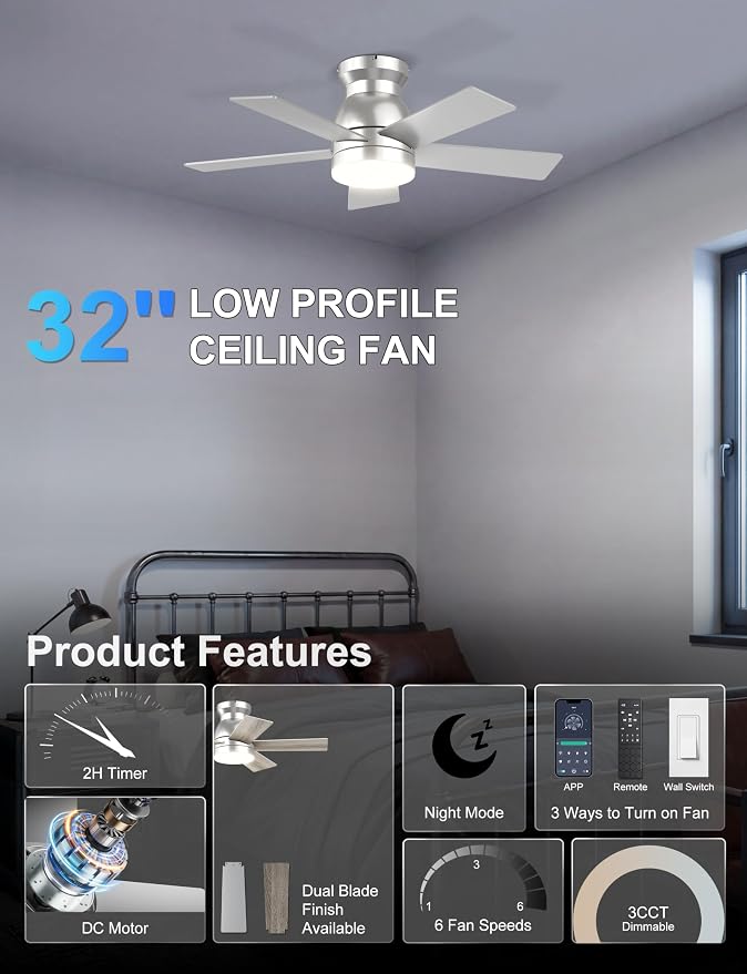 32'' Silver Low Profile Ceiling Fan with Light for Hallway, Closet | Quiet DC Motor, Flush Mount, 3CCT Dimmable, Modern Small Room Ceiling Fan with App/Remote Control