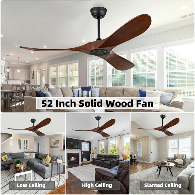 52 Inch Solid Wood Ceiling Fan, 3 Blades, Reversible DC Motor, Ultra Silent Dark Walnut Lampless Ceiling Fan for Living Room, Bedroom, Dining Area, Outdoor Patio(Dark Walnut, 52 inch)