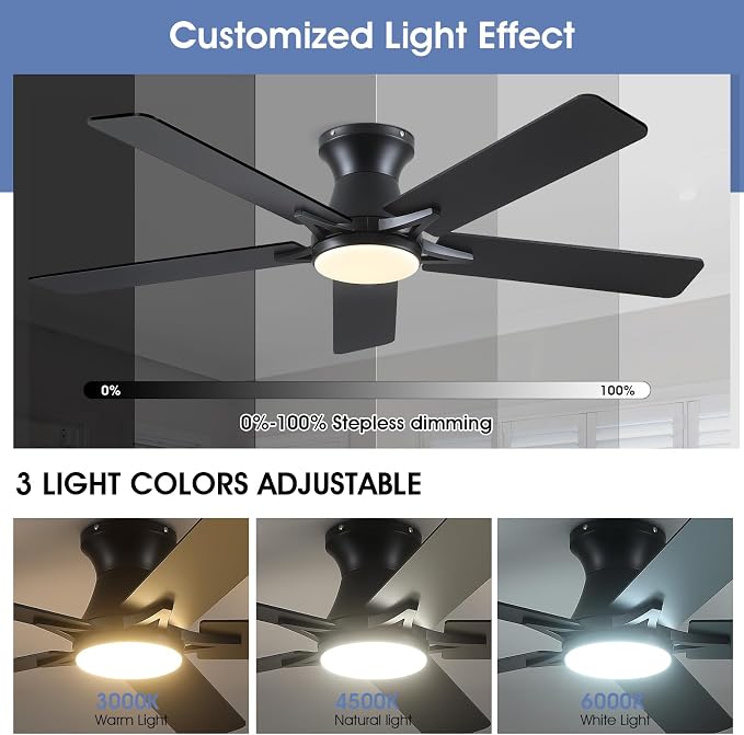52"Modern Black Low Profile Flush Mount Ceiling Fans with Light and Remote | Supports Remote and APP, 6 Wind Speeds, Reversible, Dimmable 3 Light Colors LED Light, Noiseless 30W DC Motor,2H Timer