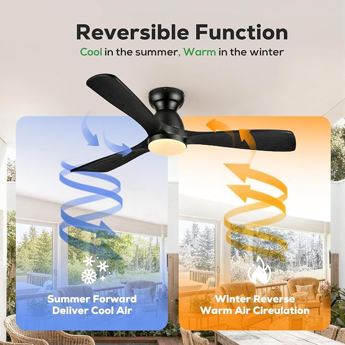 52in Smart Flush Mount Ceiling Fans with Lights,Outdoor Low Profile Wood Ceiling Fan Quiet DC Motor,Work with Alexa/Gg Voice Control/App/Remote,Dimmable,6-speed, Easy Install for Patio,Porch,Black