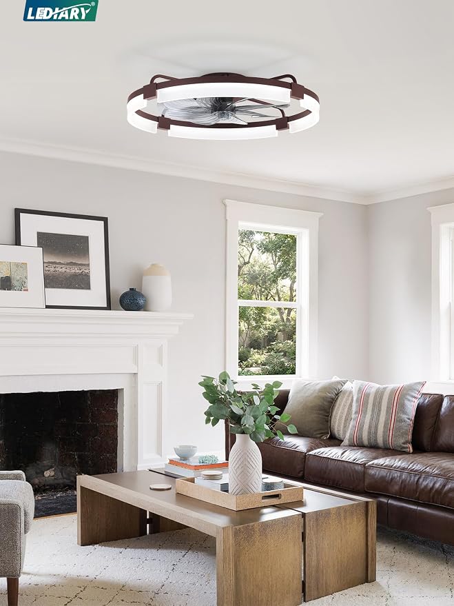 LEDIARY 24" Ceiling Fans with Lights and Remote, Modern Low Profile Ceiling Fan, 3 CCT, Stepless Dimmable, Fandelier Flush Mount Fan Light, 6 Speeds, DC Motor, App & Remote Control for Bedroom(Brown)