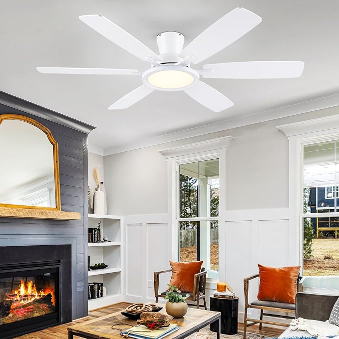 BYKISTOK 55In Flush Mount Ceiling Fan with RGB Light - White Modern Ceiling Fan with 6 Dual-Sided Blades, Reversible DC Motor, Low Profile Fan Light Fixture for Indoor Bedroom, Outdoor Patios