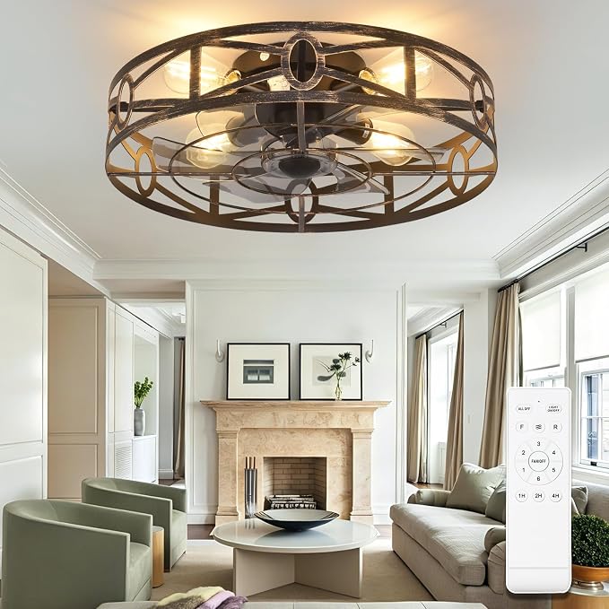 Depuley Flush Mount Ceiling Fan: 20" Caged Ceiling Fans with Remote Control for Patio Kitchen Bedroom - Low Profile Fandelier Lights Fixture Reversible 6 Speed Timer Brone 4*E26 Bulb Not Included