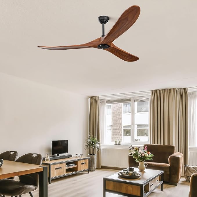 Obabala 52 Inch Ceiling Fan No Light, Wood Indoor Outdoor Ceiling Fans Without Lights, Modern Propeller Exterior 3 Blade Wooden Fan for Patios Bedroom Living Room Porch(Walnut)