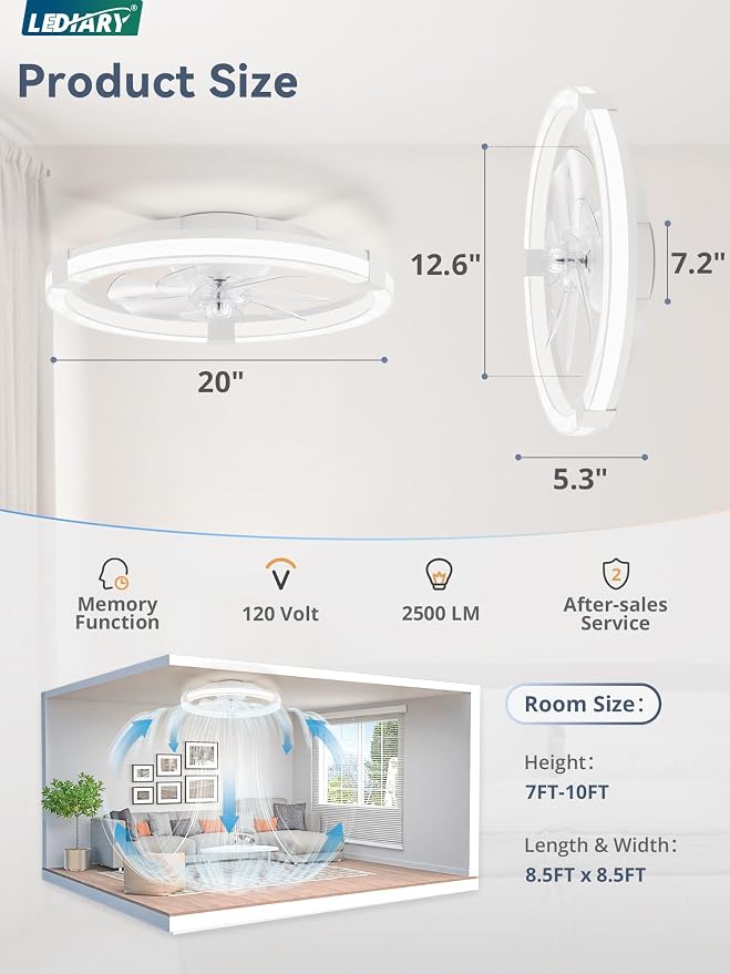 LEDIARY Ceiling Fans with Lights, 20 Inch Low Profile Ceiling Fan with Remote, 6 Speeds, Reversible, Dimmable Flush Mount Fan Light, Modern Fandelier Ceiling Fan with Lights for Bedroom, White