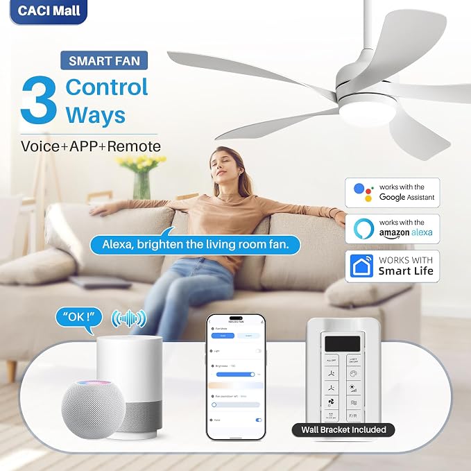 CACI Mall 52 inch Smart Ceiling Fans with 3-Color Dimmable LED Lights, Remote Control, Works with Alexa/Google/App, 5 Blades, Quiet DC, Indoor/Outdoor Ceiling Fans for Living Room, Bedroom, Patios