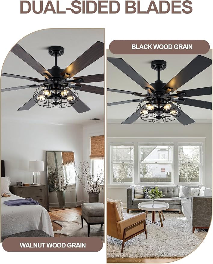 72 Inch Industrial Farmhouse Ceiling Fan with Lights and Remote, Black Vintage Caged Chandelier Ceiling Fan with 5 Reversible Wooden Blades for Dining Room Living Room Bedroom