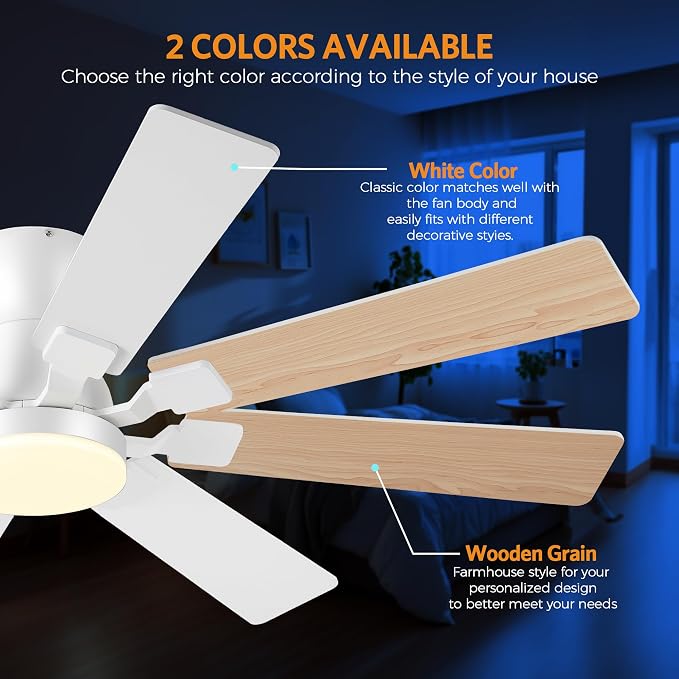 JSAITEE 52Inch Ceiling Fan with Lights, Low Profile Flush Mount, White | Ceiling Fans,DC Reversible Motor Noiseless, 3CCT Dimmable, Dual Finish, 6 Speeds Ceiling Fan for Indoor/Outdoor