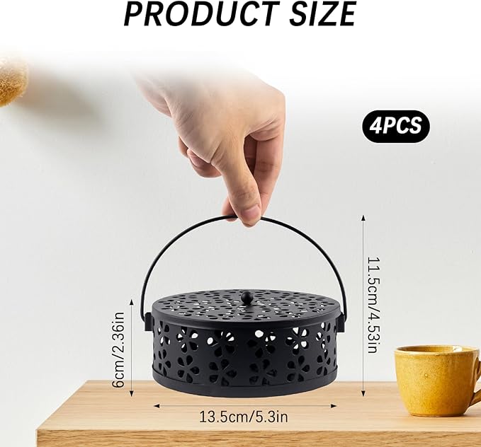 4 Pcs Mosquito Coil Holder Incense Coil Holder, Retro Iron Portable Hanging Outdoor Incense Burner Holder with Handle Round Metal Incense Holder for Home Camping Indoor Outdoor Patio (Black)