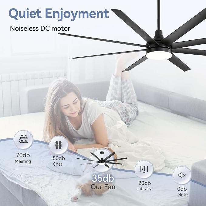 72 inch Ceiling Fans with Lights and Remote, 8 Reversible Blades, 6-Speed Quiet DC Motor, Timer, 3 Color LED Light, 2 Downrods, Industrial Black Indoor Ceiling Fan Fandeliers for Bedroom Living Room