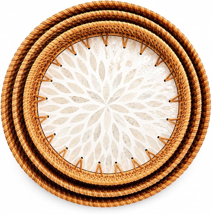 Set of 3 Round Rattan Tray, Rattan Serving Tray for Storage, Decorative Wicker Tray for Table Decor, Home Decor, Kitchen, Coffee, Bread, Fruits (White Leaf, Set of 3)