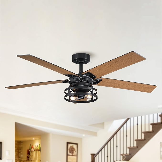 52 Inch Ceiling Fans with Lights and Remote Control, Quiet Reversible Motor, 5 Reversible Double-Sided Retro Industrial Blades Farmhouse Ceiling Fan for Bedroom Living Room Patio
