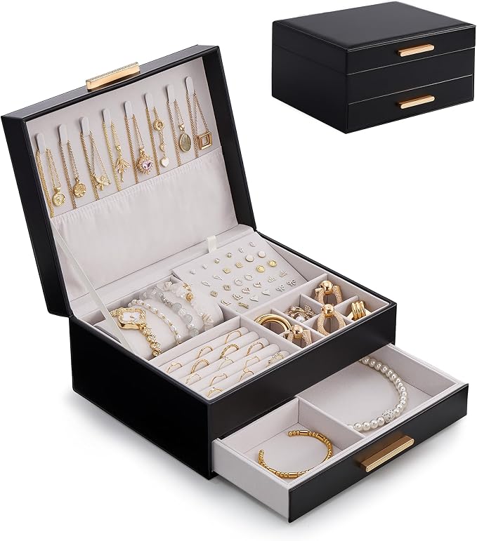 Lolalet 2-Layer Jewelry Box Organizer Holder for Women Girls Mom -Black | Jewelry Storage Case with Drawers for Necklaces Ring Earrings Bracelet Watch, Gifts Choice for Mom Mother’s Day