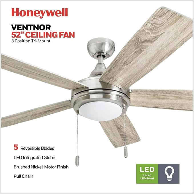 Honeywell Ceiling Fans Ventnor, 52 Inch Modern Farmhouse Indoor LED Ceiling Fan with Light, Pull Chain, Three Mounting Options, Dual Finish Blades, Reversible Motor - 50606-01 (Brushed Nickel)