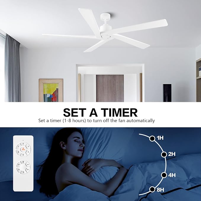 WINGBO 72 Inch DC Ceiling Fan No Light with 3 Downrods, 5 Reversible Carved Solid Wood Blades, 6-Speed Noiseless DC Motor, Ceiling Fan without Lights in White Finish, ETL Listed