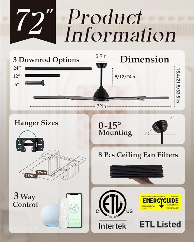 Minislak 72" Large Smart Ceiling Fan with Light Remote Control via WiFi Alexa,6-Speeds Quiet DC Motor,Dimmable,Indoor Outdoor Black Ceiling Fan for Living Room,Patio,Dual Finish 7 Blades