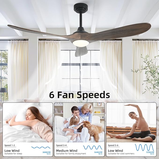 60” Outdoor Ceiling Fan with Light 3 Downrods, Smart Wood Ceiling Fan Compatible with Alexa/Google/App, 3 Blades Modern Walnut Wood Ceiling Fans for Kitchen Living Room Patio,Dark Brown