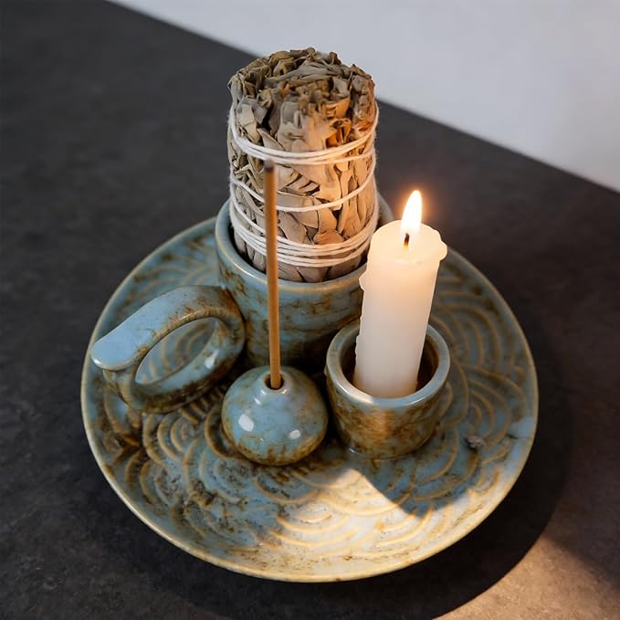 Tnstbiee 4-in-1Blue Ceramic Palo Santo Burner Holder - Small Incense Burner & Smudge Tray Bowl for Incense Sticks/Cones & Sage - Ideal for Meditation Rooms,Zen and Aromatic Scents - Matches Compatible