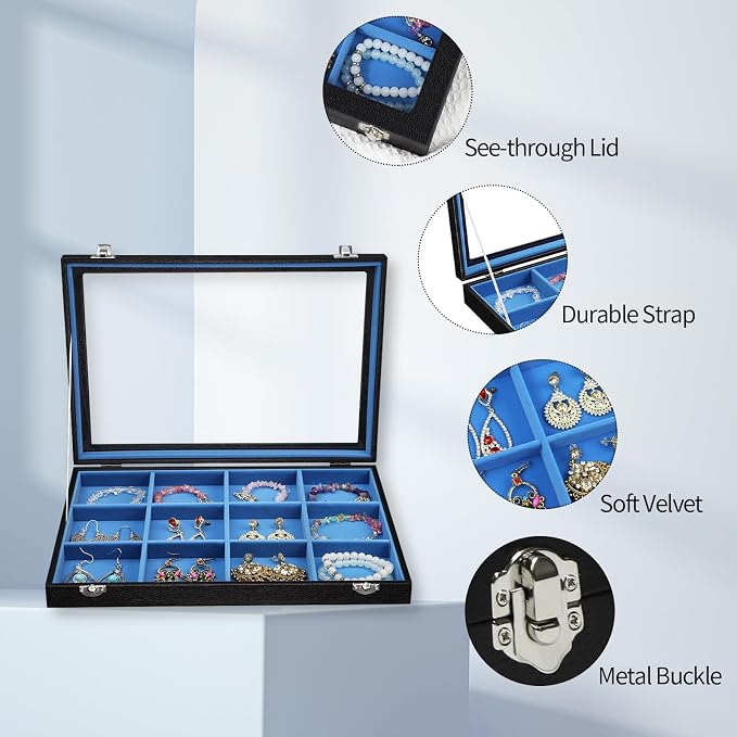 Stratalife 12 Grid Bracelet Jewelry Box, Bangle Holder Organizer with Lid | PU Leather Storage Box for Earring, Ring, Studs and Trinkets, Soft Velvet Drawer Organizer for Women, Dustproof, Blue Black