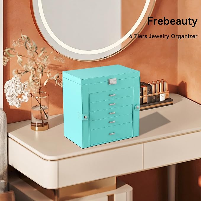 Frebeauty 6-Layer Jewelry Box for Women,Large Jewelry Organizer with Drawer | Faux Leather,Built-in Mirror,Spacious Jewelry Storage,16 Necklace Hooks,Organizing by Category for Rings Earrings Bracelet