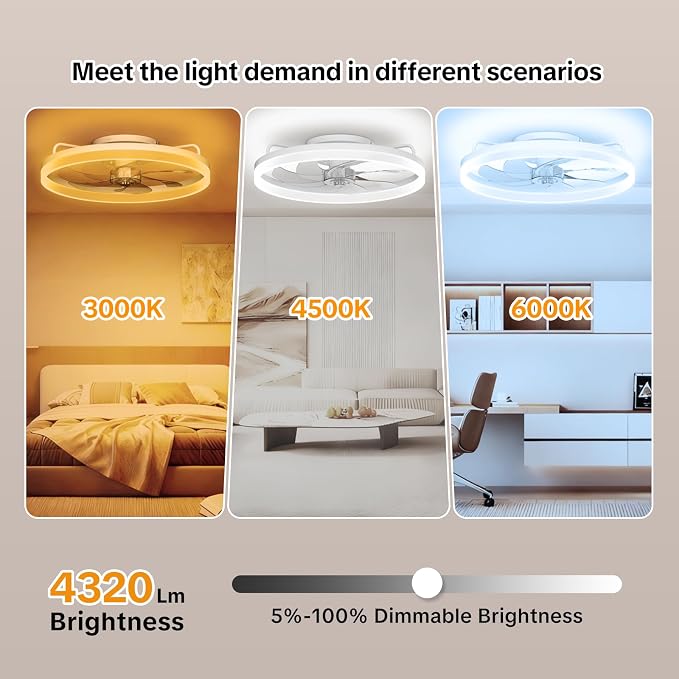 20 Inch Low Profile Ceiling Fans with Lights and Remote, White | Flush Mount 7-Blade Fandelier with App Control, 3CCT Dimmable, Quiet Reversible DC Motor, 6 Speeds Ceiling Fan for Bedroom