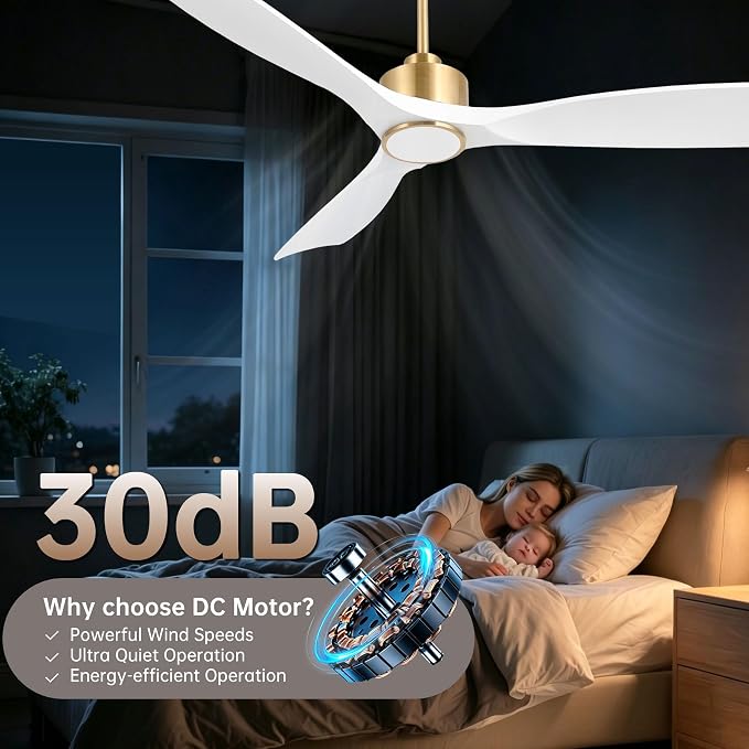 Ovlaim 52 Inch Smart Ceiling Fan with Light Remote, 6 Speed Quiet DC Motor High CFM, 3 Blade Modern White Gold Ceiling Fan for Bedroom Living Room, ETL Certified